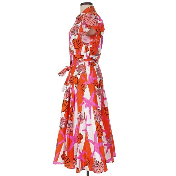 LHD Glades sea shell starfish striped cotton button up belted midi dress Size 8 - Picture 2 of 12